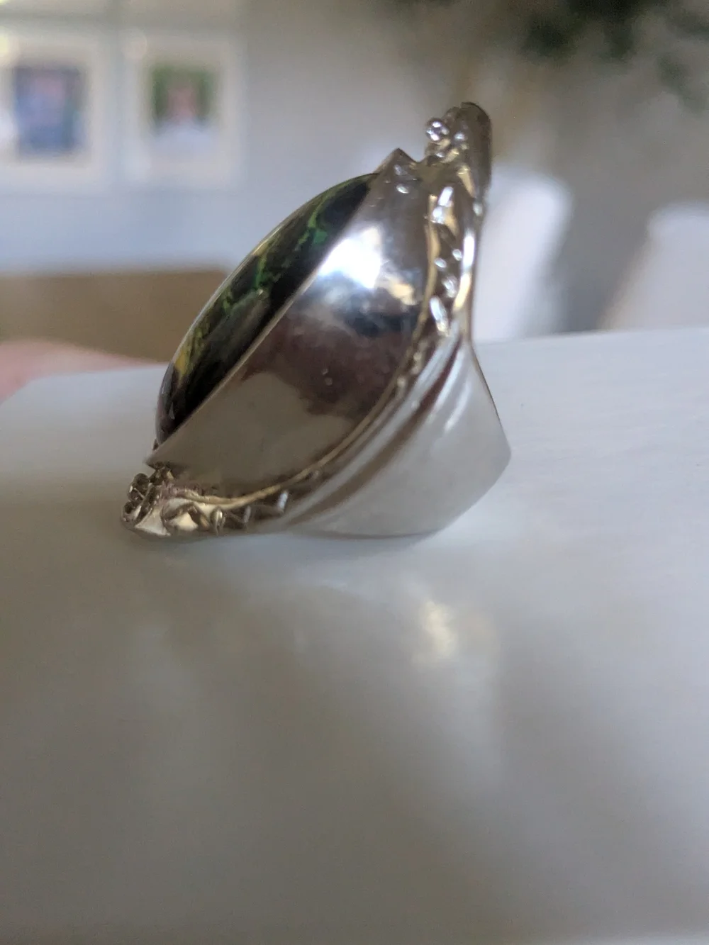 Vintage Silver Ring with Green and Blue Peacock Glass Cabochon Size 6